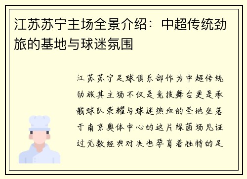 江苏苏宁主场全景介绍：中超传统劲旅的基地与球迷氛围