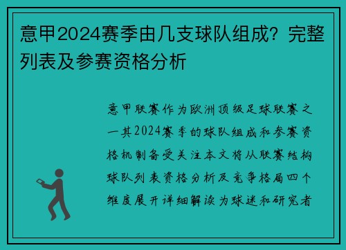 意甲2024赛季由几支球队组成？完整列表及参赛资格分析